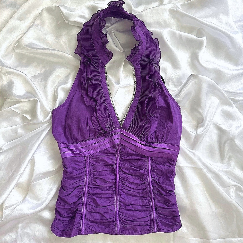 Oh Yes Purple Ruffle Halter Top Rhinestone Trim Ruched Y2K Style D-1936 Womens M